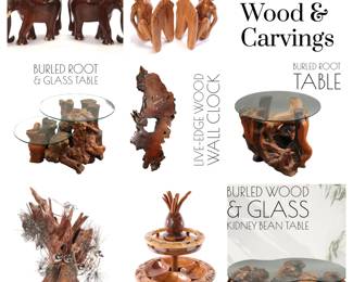 Wood Decor: Norman Brumm sculpture, Burled Wood tables