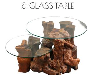 California burl root wood table with 2 tier glass tops