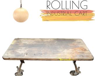 Large antique rolling industrial table/ cart with wooden top
