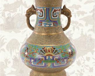 Antique Meiji Brass & Champleve enamel Hu Form Vessel