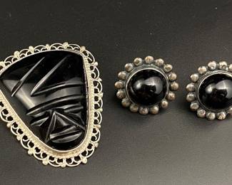Vintage sterling carved onyx face brooch, earrings
