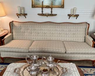 French Provincial tapestry sofa in excellent condition, large silver plate tea set with tray, Queen Ann coffee table
