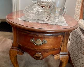 Crystal candy dishes, pair of crystal lamps, oval Queen Anne end table with drawer.