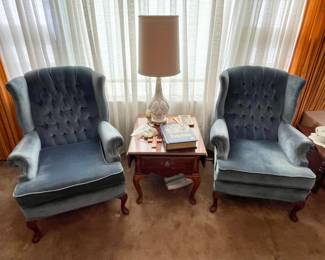 pair of vintage blue velvet wing-back chairs, Mid-Century modern lamp, drop leaf Queen Anne end table