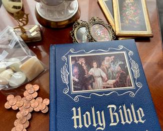 large bible, Florentine pictures, alabaster items, cross made from pennies