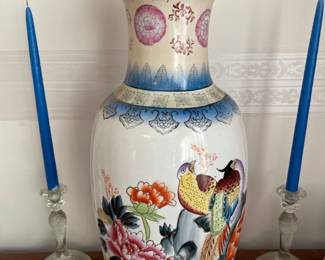 large floor vase with bird motif, pair of sandwich glass candlesticks