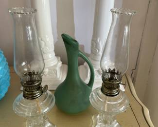 mini oil lamps, Haeger pitcher, pair of white large candlesticks