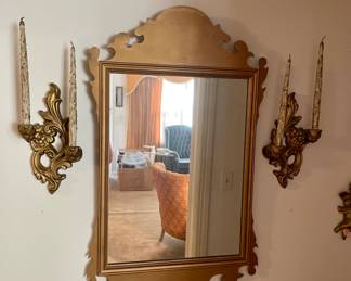 gold painted wood mirror, pair of gold sconces