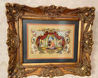 pair of ornate framed needlepoint-look scenes