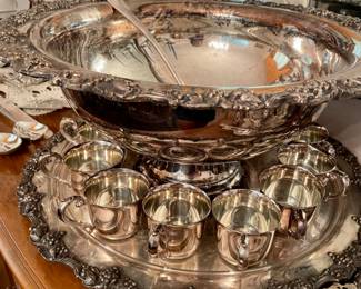 large silverplate punch bowl set