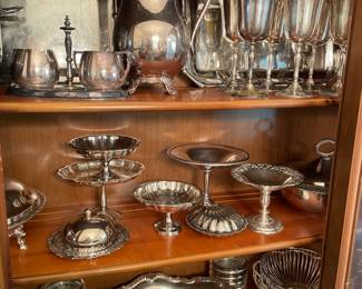 Tons of silverplate trays, goblets, compotes, bowls, butterdishes, coasters, etc