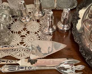 lots of silverplate serving pieces, salt and pepper sets, cream and sugar sets