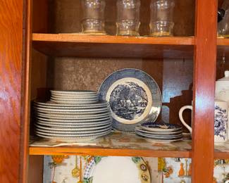 Peter Pan glasses, set of Corelle Sunflower dishes, Currier & Ives blue and white plates