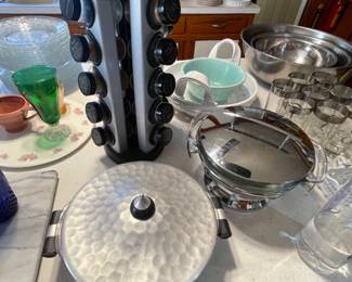 spice rack, hammered aluminum casserole, stainless retro casserole