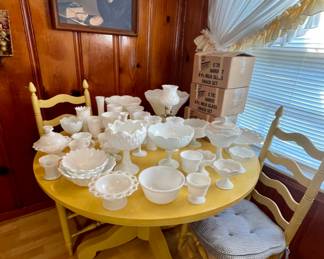 Lots of milkglass, wood pedestal table with 2 ladderback chairs