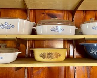 Corning Blue Cornflower casseroles, Pyrex mixing bowls