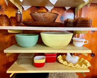 Amber Tiara sandwich glass, Pyrex yellow mixing bowl, Jadeite mixing bowl, Pyrex small dishes, refrigerator dish