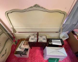 full size French Provincial bed, Singer sewing machines, wooden sewing box