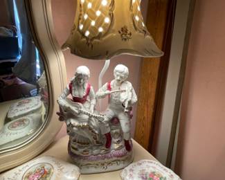 porcelain couple lamp, porcelain dresser boxes