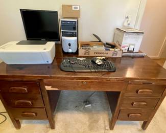 old wood desk, computer equipment