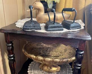 old irons, gold compote, vintage end table