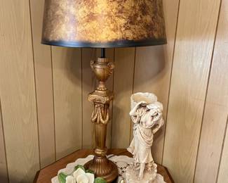vintage gold lamp, lady with basket figurine