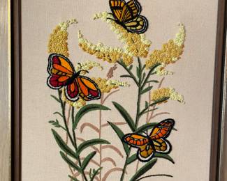 vintage framed crewelwork 