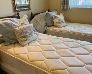 TWIN BEDS, MATCHING POWDER BLUE TWIN DUVETS AND SHAMS, VINTAGE THROW PILLOWS