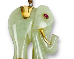 1.75" Hi Fine 14K Gold Ruby Jade Large Figural Elephant Pendant
