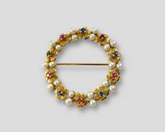 Fine 14K Yellow Gold Flower Gemstone & Pearl Circle Brooch