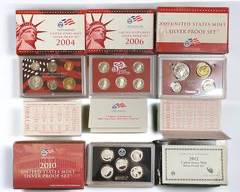 2004, 2006, 2010, & 2012-S United States Mint Silver Proof Sets W/ Certificates Of Authenticity: 5 Sets, 30 Silver Coins