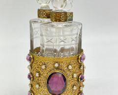 Antique Glass Perfume Bottle On Gilded Victorian Base with Amethyst Rhinestone�s & Pearls