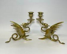 Pair Figural Dragon Brass Candle Stick Holders