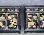Pair 20th Century Asian Black Lacquer Applied Hardstone Abalone Inlaid Side Tables