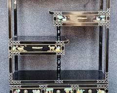 20th Century Tall Asian Black Lacquer Applied Hardstone Inlaid Display Cabinet