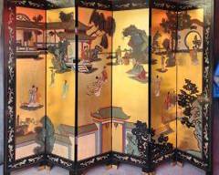 Vintage Asian Carved Black Lacquer 6 Panel Room Screen