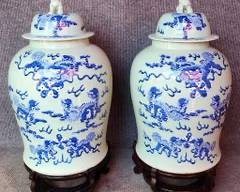 Pair Celedon Blue Temple Jars on Stands Foo Dog