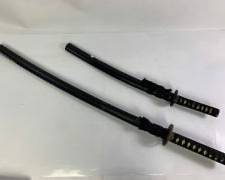 Two Antique Japanese Steel Katana Blades With Handmade Wooden Sheaths and Brass Accents