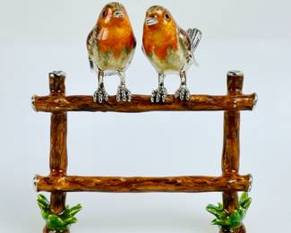 65 Grams Fine Saturno Sterling Silver Enamel Robin Birds On Fence