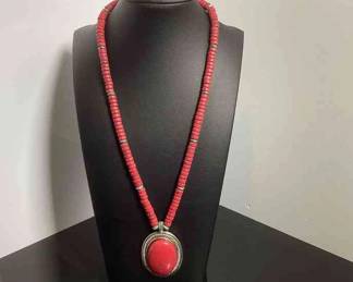Red Silver tone Necklace