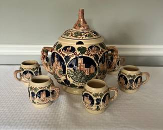 Vintage German Gerz Punch Bowl with Eight Cups