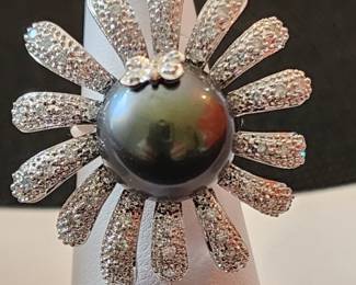 14.8mm Tahitian Black Pearl w 1 carat of Diamonds Set in 18 k White Gold