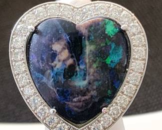 Huge Black Opal Ring w 3 carats of Diamonds Set in 18 k White Gold