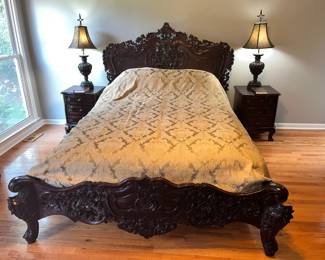  Queen bed - Solid exotic dark wood decorated with sculpture - Main Floor Bedroom #3