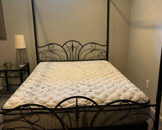 4 poster metal bed with mattress. 
Like new. 
Upholstered bench