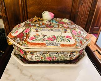 Asian rose medallion serving bowl with lid