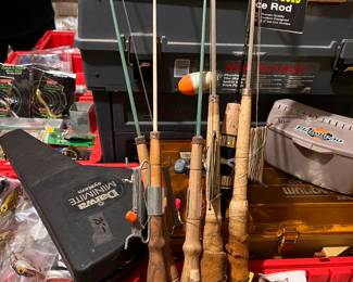 Lots of fishing items including some ice fishing equipment.