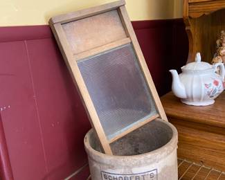 Vintage glass  washboard and Houghton pottery -  Schobert whipped cream cottage cheese crock