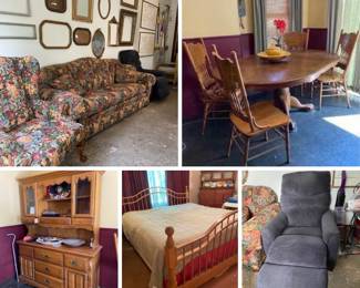 Several furniture pieces as pictured.  The sofa and chair are Broyhill,  pedestal table (oval or round) with four chairs, La-z-boy REALINE electric recliner, Cochrane oak china cabinet.  