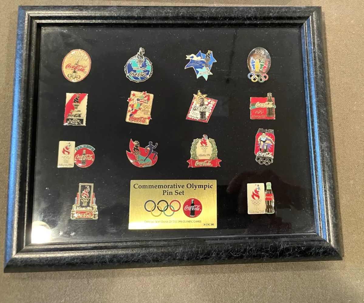 Coca Cola memorabilia, 1996 Olympics, atlanta, commemorative pins, framed collectors item